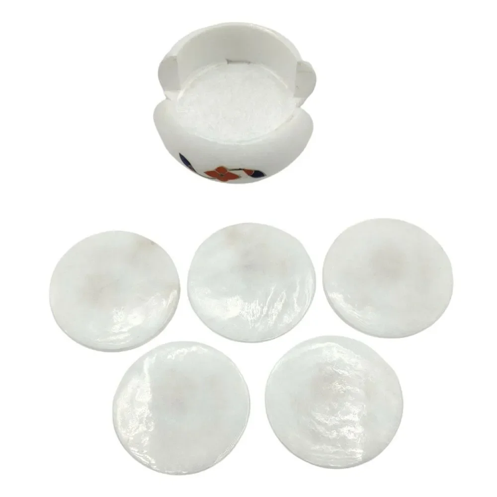 Marble Inlay Stone Coaster Set 5 Floral Mosaic Semiprecious Gemstones Red Blue